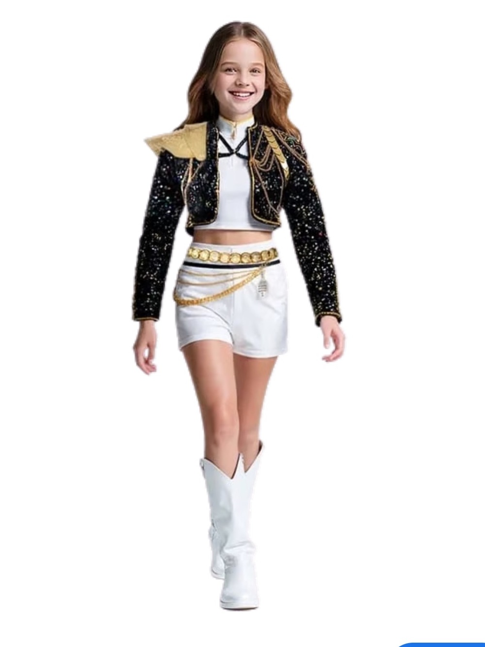 KPOP DEMON HUNTRX deluxe RUMI golden Sequin Cropped Jacket & White Crop Top Set - Picture 2 of 12